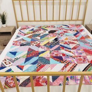 Vintage Patchwork Crazy Quilt Reversable Double Sided Heavy Homemade 80in By 65i